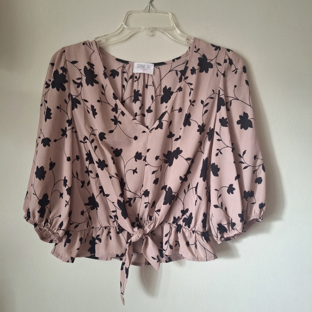 Sienna Sky Semi Sheer Beige & Black V-neck Blouse Floral Ruffle Shirt